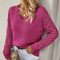 Artificial Cashmere Winter Solid Color V-Neck Woven Mesh Sleeve Hollow Out Long Sleeve Pullover Sweaters for Women