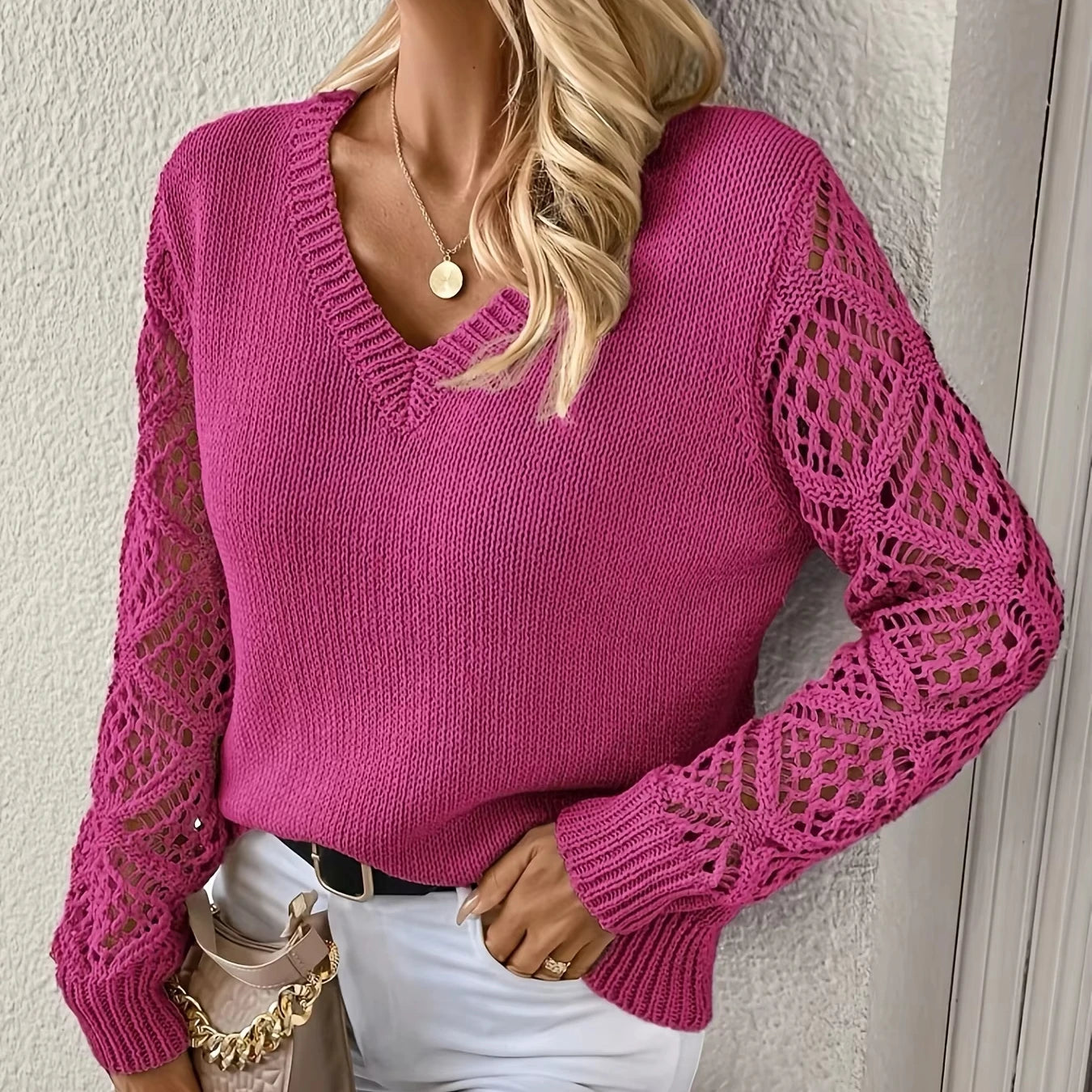 Artificial Cashmere Winter Solid Color V-Neck Woven Mesh Sleeve Hollow Out Long Sleeve Pullover Sweaters for Women