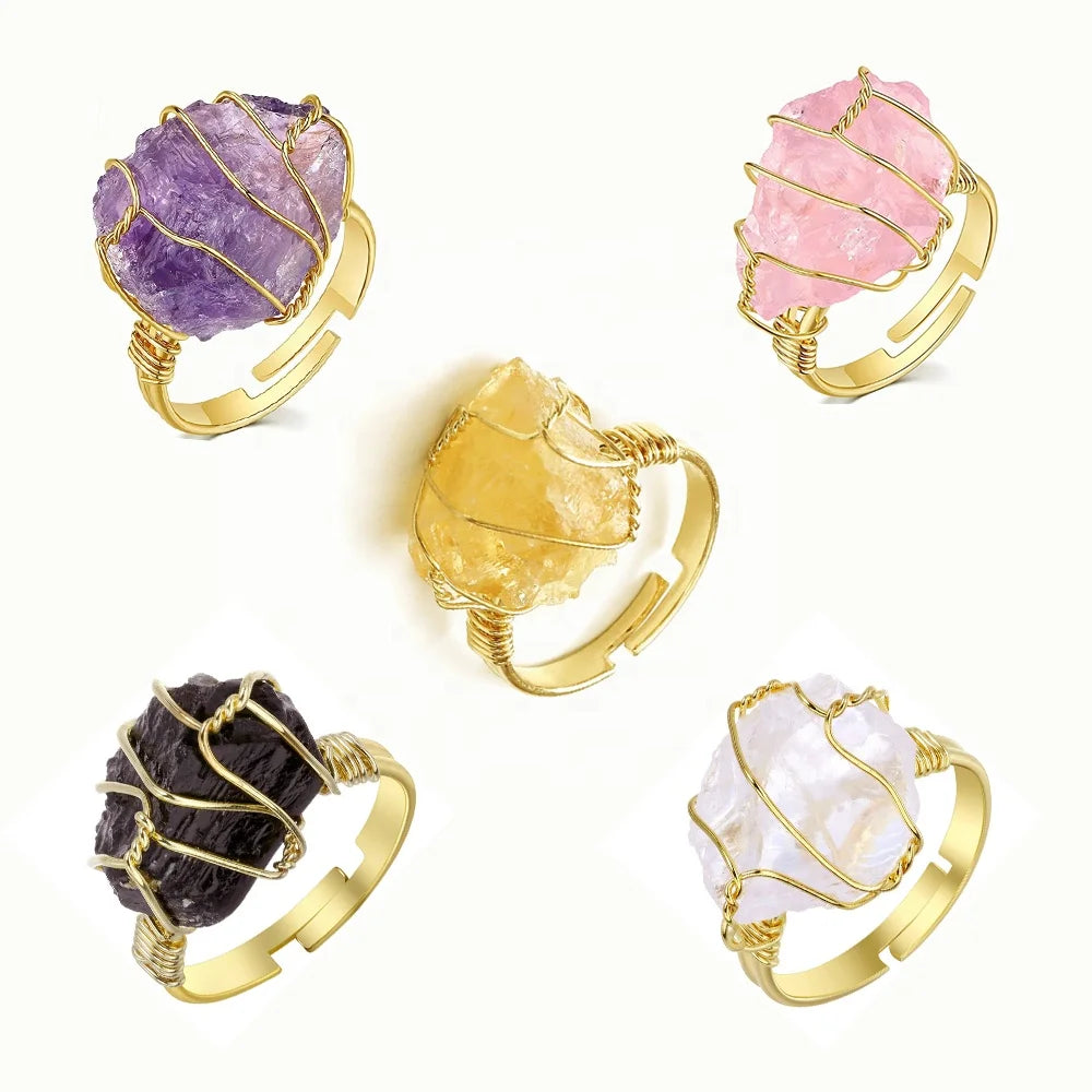Adjustable Raw Healing Crystal Gemstone Ring  Hand Wire Wrapped Irregular Natural Rose Quartz Rough Stone Ring for Women Girl