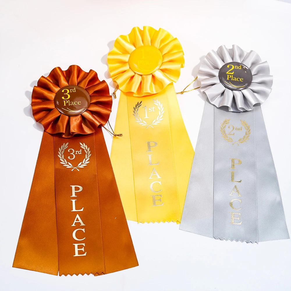 Custom Logo Round Shape Print Satin Rosettes Ribbons Awards Event Rosettes for Swimming Sport Games
