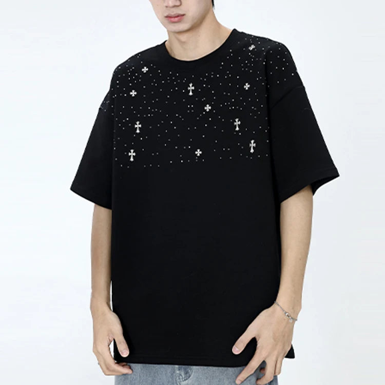 Heavyweight Knitted Cotton Rhinestone T-Shirt Short Sleeve Crew Neck Hot Drill Regular Fit Men's