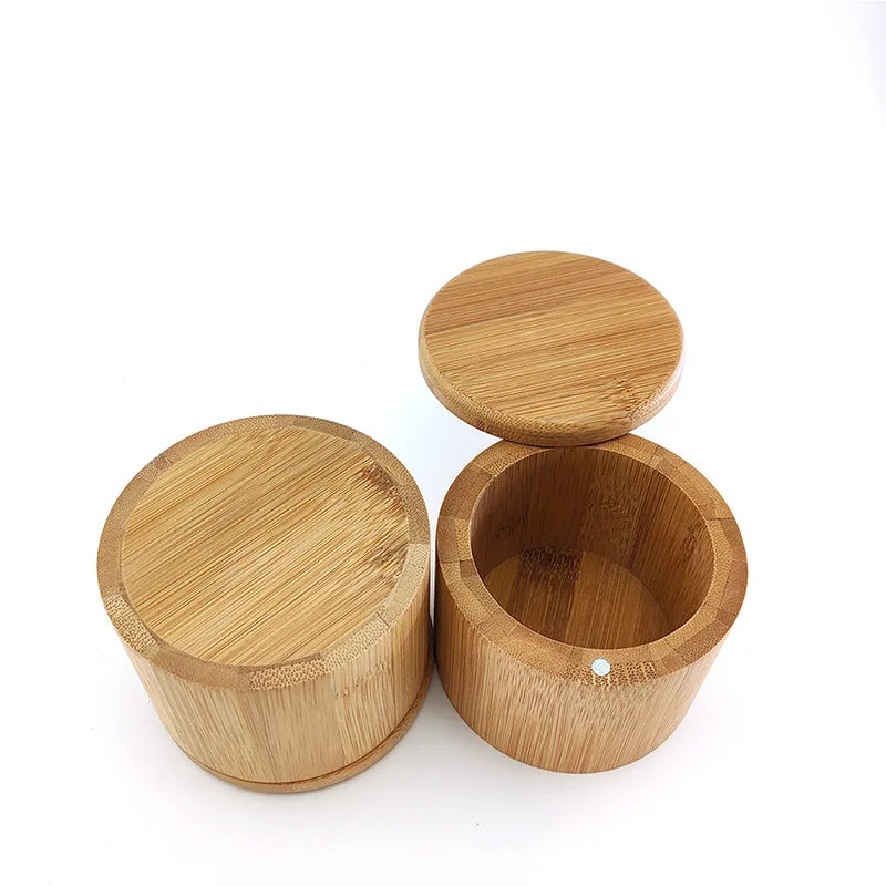 Wholesale Small Restaurant Round Bamboo Storage Container Cellar Jar Pepper Spice Salt Box with Bamboo Wood Lid