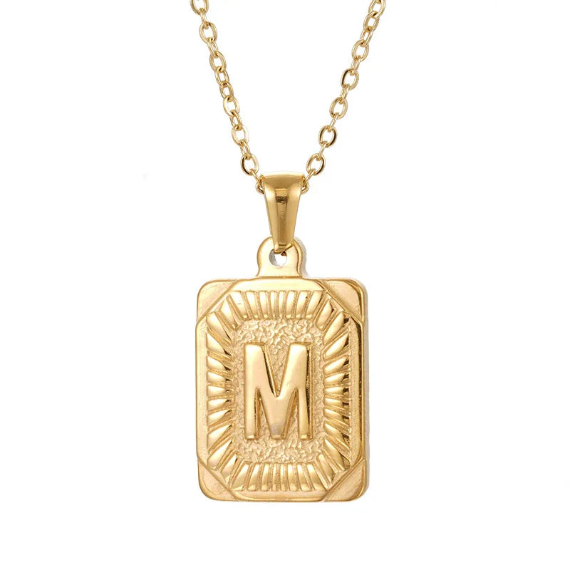 Custom Logo Stainless Steel 18K Gold Plated Initial Letter Pendant Necklace Cute Square English Alphabet A-Z for Men Women Gift