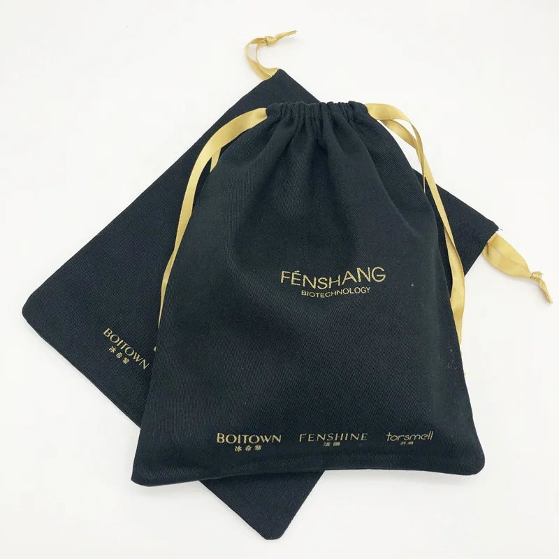 Custom Size Logo Black Twill Cotton Promotion Pouch with Drawstring-Customizable Sizes & Logo Printing