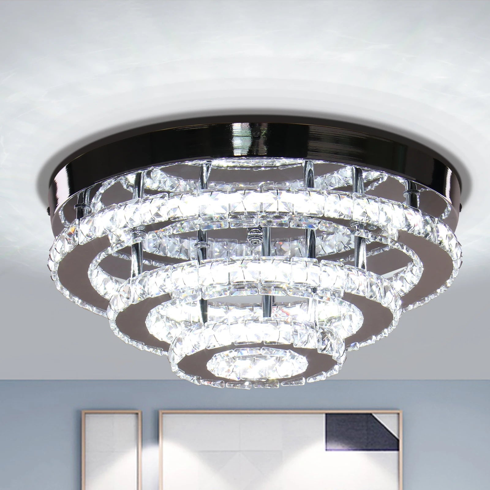 3-Tier Round Crystal LED Ceiling Light Flush Mounted Rustic Design for Dining Room Easy Hanging Installation