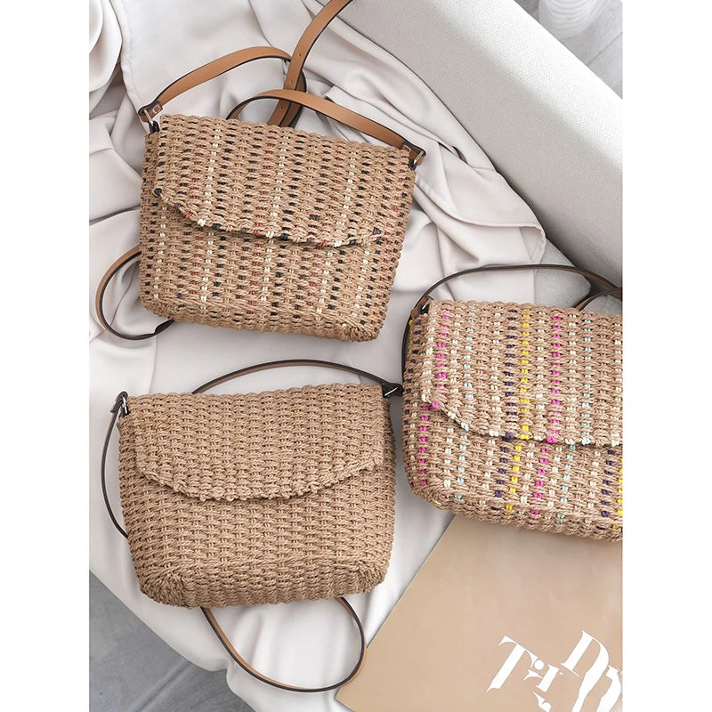 Custom Logo Versatile High-end Crossbody Woven Straw Bag Hand Made Summer Vacation Messenger Handbag Women's Weave Beach Bags