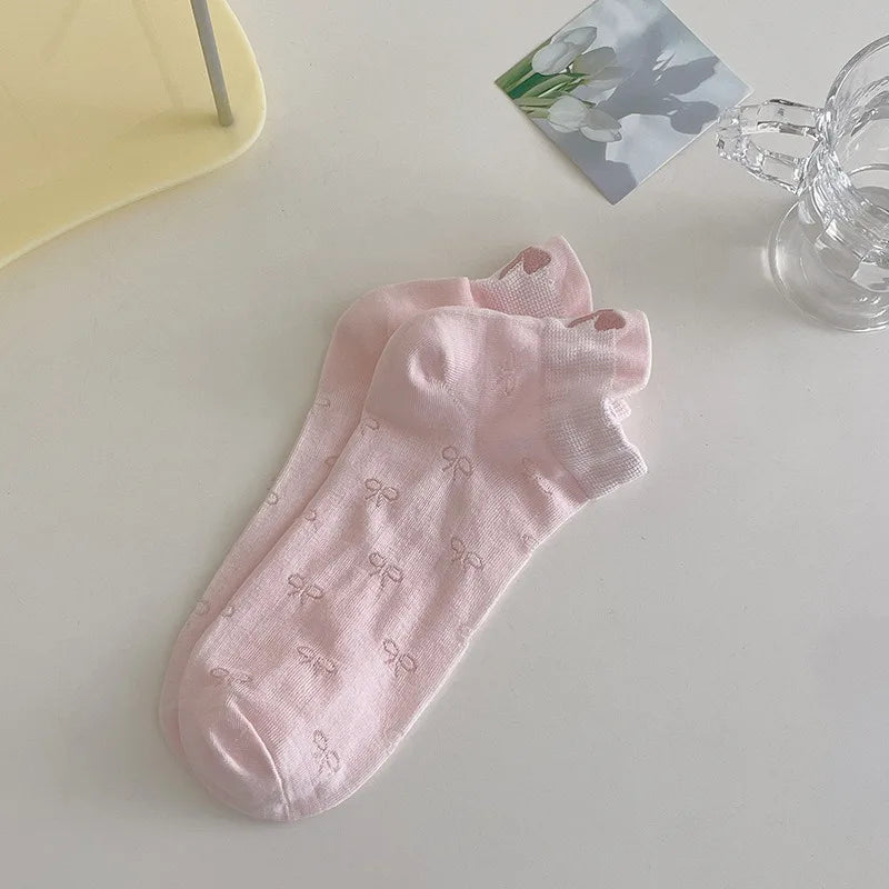 Women Bow Summer Solid Color Mesh Hollow Custom logo Thin Boat Girl Socks