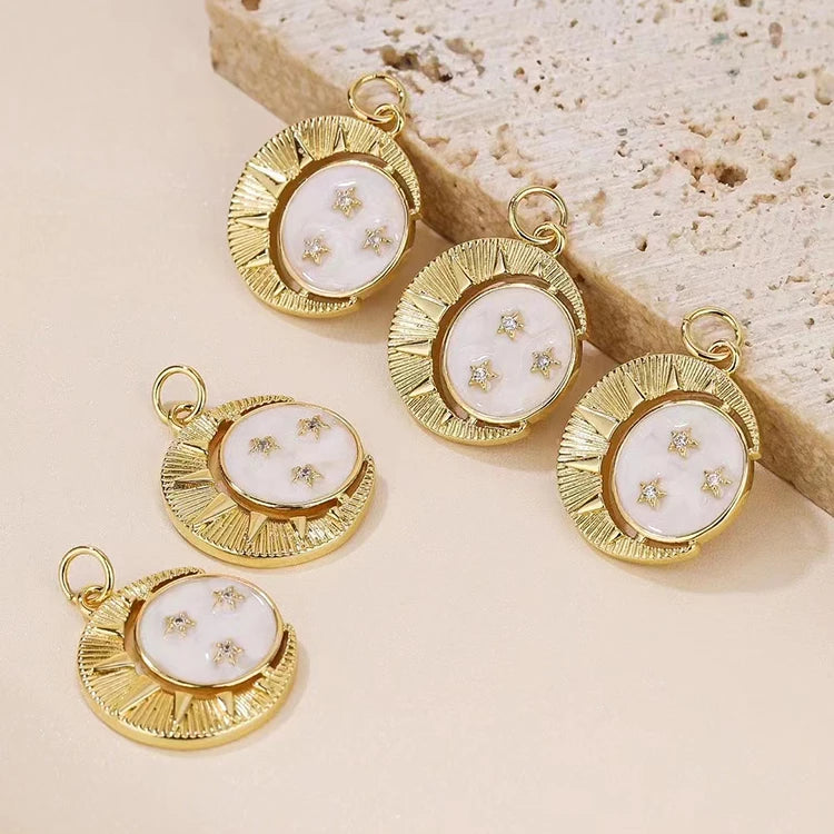 JS1673 18K Gold Plated Crescent Moon and Star Signet Coin Rectangle Medal Charm PendantsCelestial Jewelry Supplies