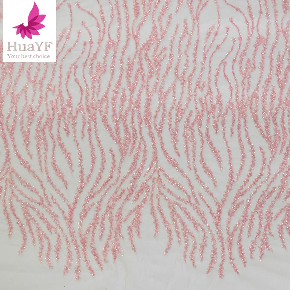 2021 Peach Sequins Beads Lace Fabric Wedding Embroidery African Heavy Beaded Lace Designs Fabrics for Dresses  HY1497-5