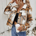 Fall Fashionable Woolen Long Sleeve Outerwear Cropped Plaid Jackets for Women