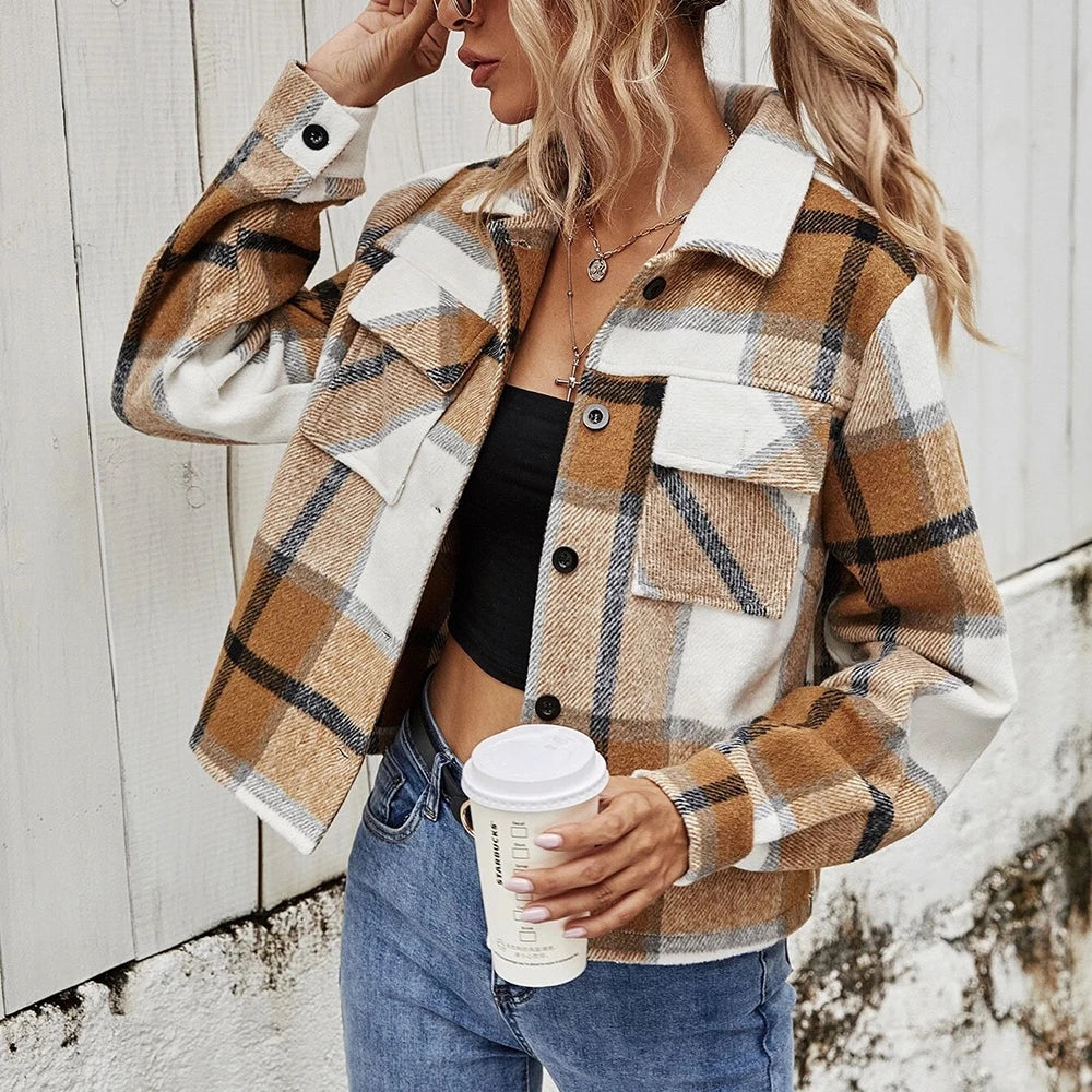 Fall Fashionable Woolen Long Sleeve Outerwear Cropped Plaid Jackets for Women