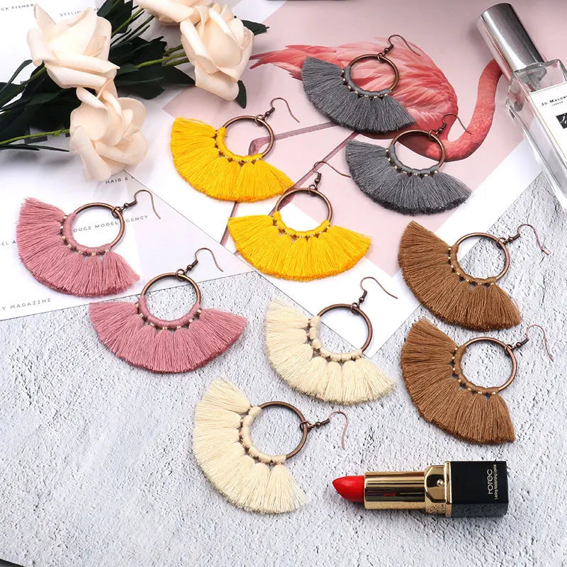 Ethnic Antique Bronze Hoop Black Pink Yellow Cotton Thread Women Large Fan Shaped Bohemian Tassel Earring Jewelry