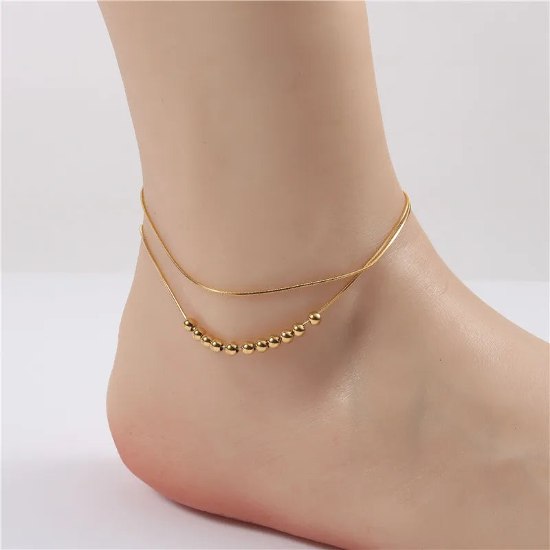 Fashion Layered Anklets Gold Plated PVD Plating Stainless Steel  Double Layer Ball Snake Chain Anklet