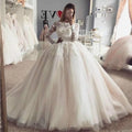 Custom Made Long Sleeves Ball Gown Lace Wedding Dresses With Appliques Sweep Train Tulle Lace up Back Wedding Dress Bridal Gowns