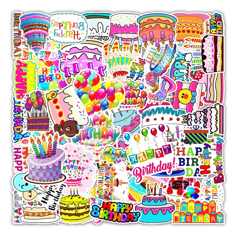 50Pcs Happy Birthday Cartoon Graffiti Stickers for Kid Gift Wall Laptop Bottle Decor Waterproof Balloon Sticker