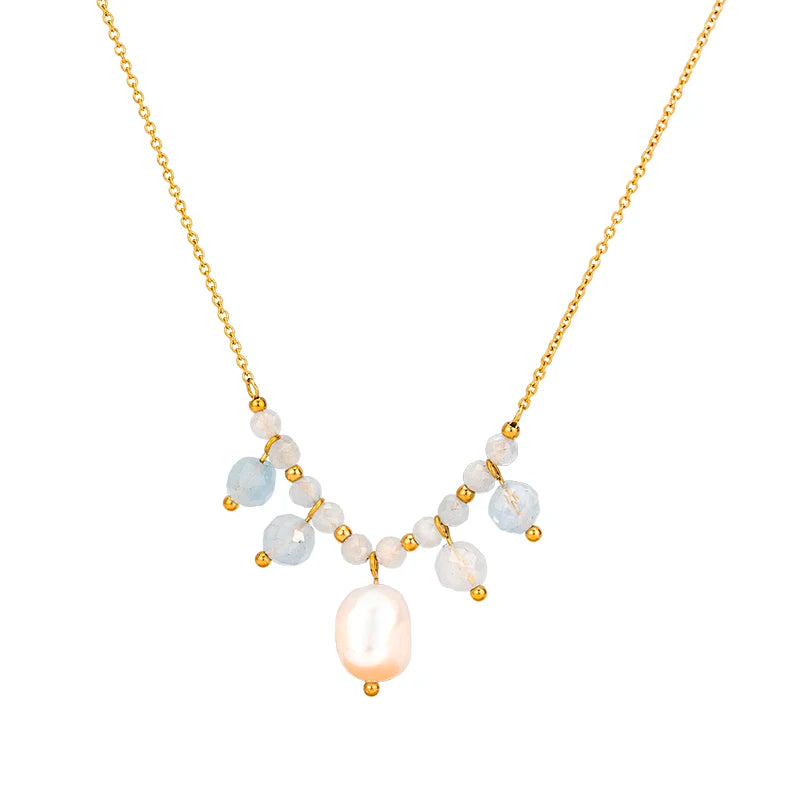 Waterproof Charm Fashion Luxury Freshwater Pearl Necklace 18K Gold Plated Stainless Steel Natural Stone Pearl Pendant Necklace