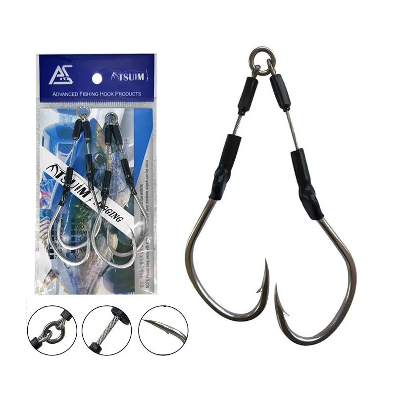 2pcs/bag Big Game Saltwater Double Stainless Steel Wire Hooks Rig High Carbon Stainless Wire Tuna Fishing Lure Hooks