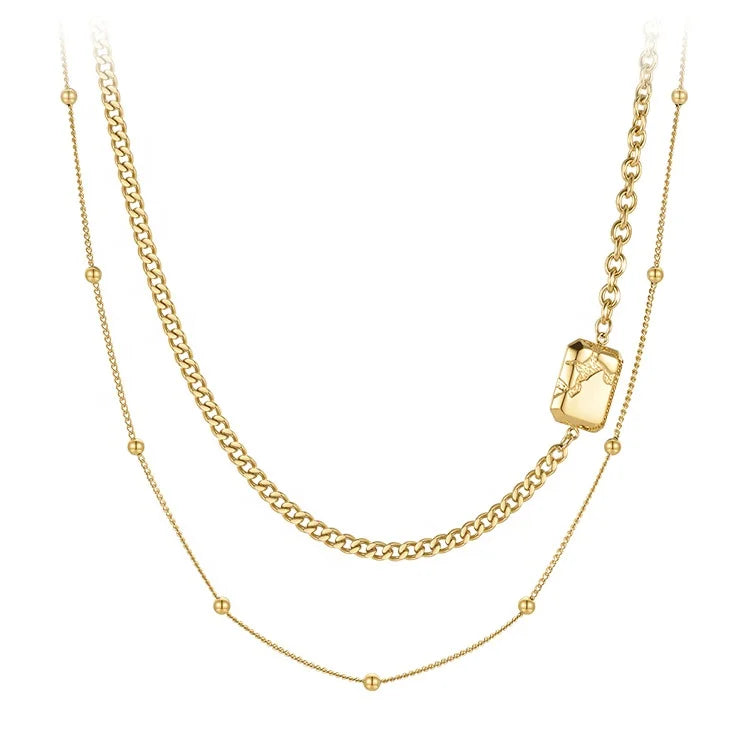 18K Gold Plated Stainless Steel Jewelry Vintage Double Layer Chain Square Pendant INS Accessories Necklaces P223293