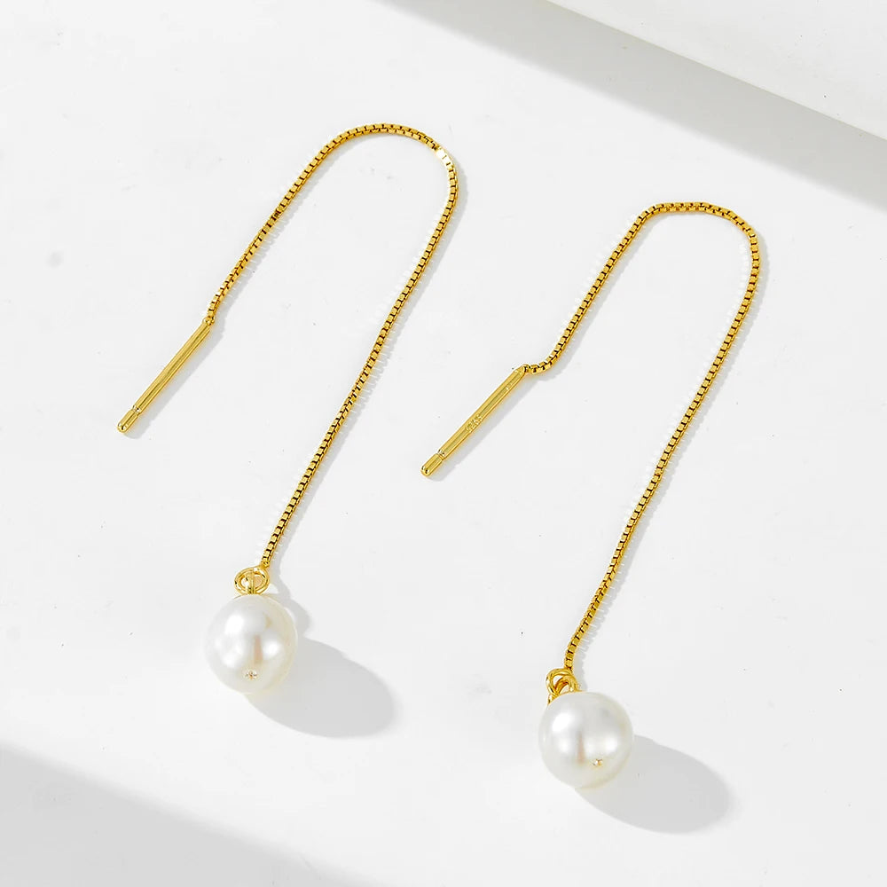 Fashion Personality S925 Sterling Silver Jewelry Gold Plated Tassel Long Chain Natural Pearl Drop Earrings for Women Girls