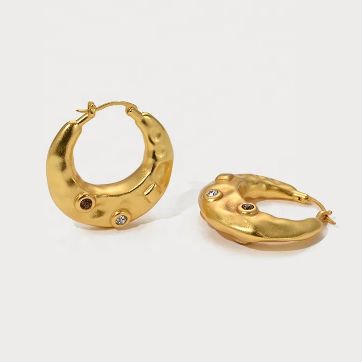 Personalized Fashionable Brass Plated 18k Gold Frosted Irregular Inlaid Zircon Earrings for Women