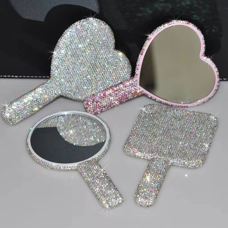 Wholesale Portable Luxury Makeup Mirror with Rhinestones Hand Mirror Custom logo Mirror Different Color