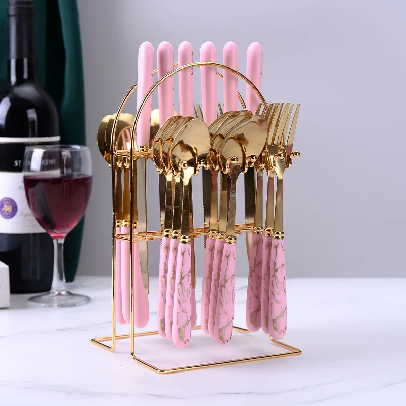Flatware Set 18/10 Gold 24 Pieces Stainless Steel Cutlery Set Exquisite Ceramic White Marble Handle with Rack pink Black Green