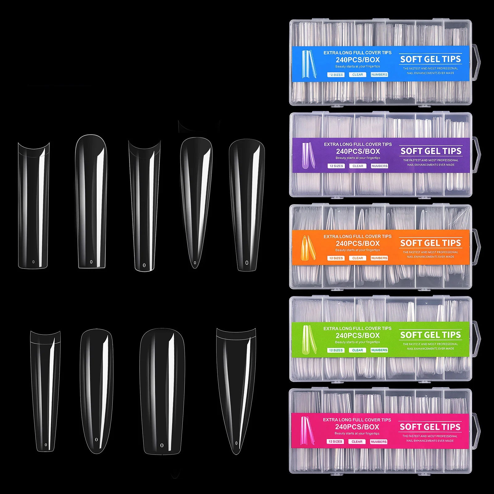 240pcs/Box 4XL Transparent Full Cover Gel-X Soft Nail Tips Long XXXL French Square Coffin Stiletto Soft Gel Nail Tips