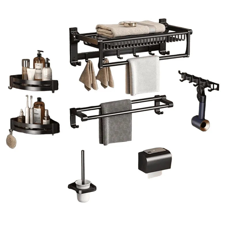 Matte Black Bath Towel Holder Perforation-free Kit Shelf Wall-mounted Towel Holder Storage Rack Bathroom Hardware Accessories