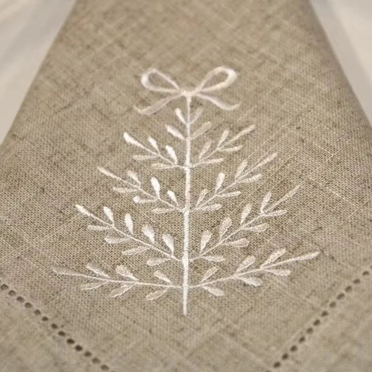 Christmas Theme 100% Linen Napkins Handmade Square Napkins with Light Beige and White Floral Embroidery for Organic Table Decor