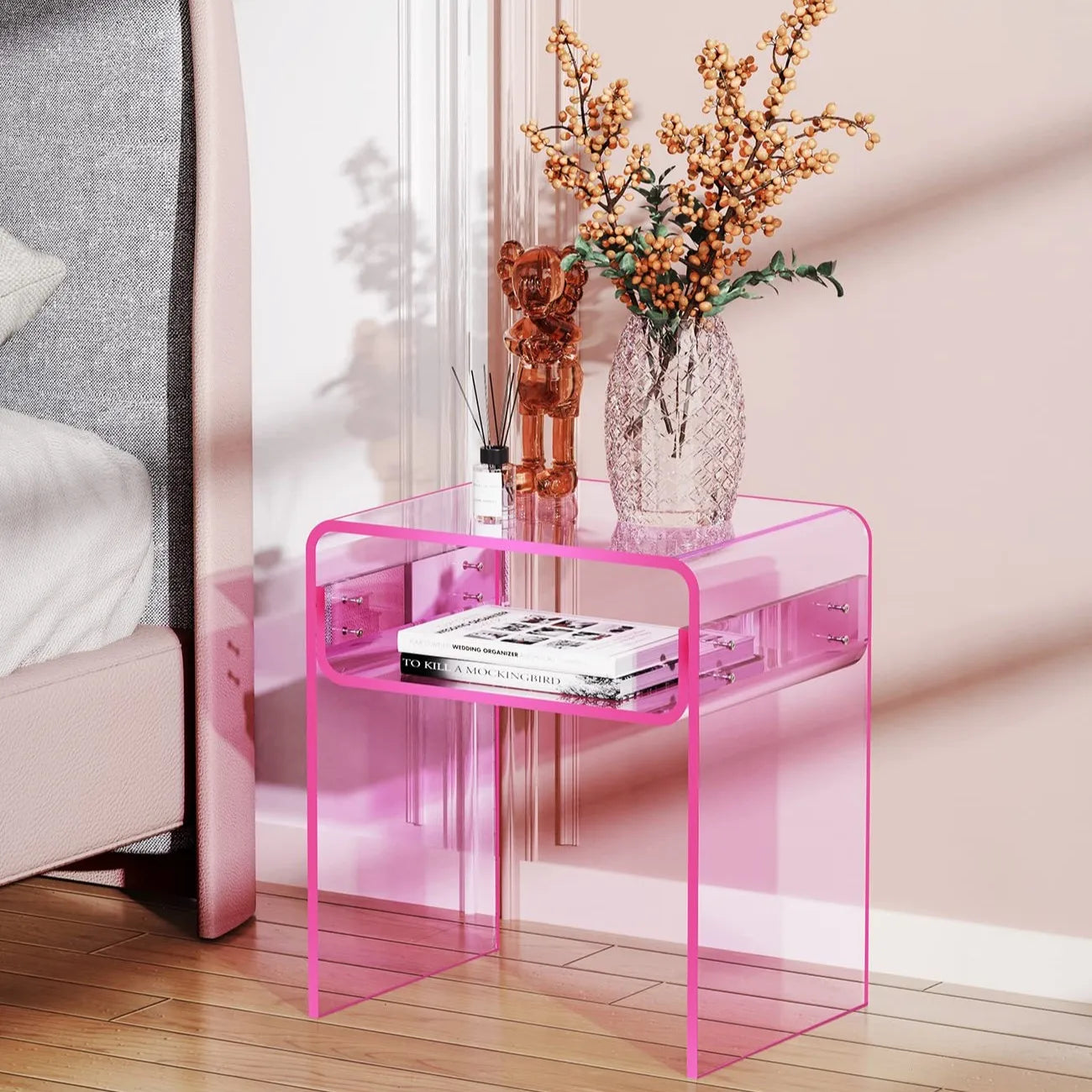 Factory Wholesale 2-Tier Pink Acrylic Bedside Nightstand Living Room Coffee Table for Bedroom Home Decor Furniture