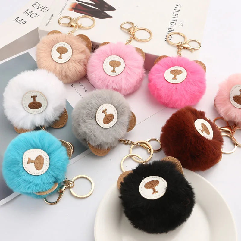 Cute Bear Pink Pom Pom Keychain Plush Fur Ball Key Chain Ring for Girls
