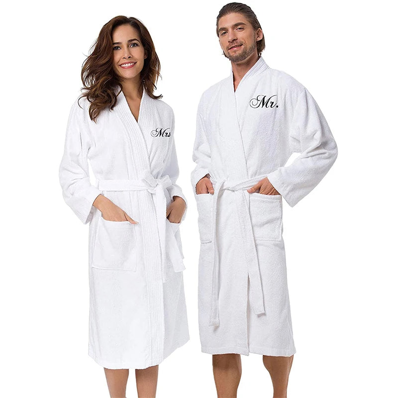 100% Cotton Kimono Collar Mr/Mrs Terry Towel Bathrobe White King/Queen Couple Unisex Thermal Breathable Long Sleeve Luxury