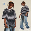 2024 New Summer 280 Gsm American Fashion Round Neck Striped Hip Hop Plus Size Man Vintage T Shirt