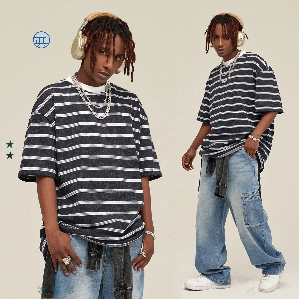 2024 New Summer 280 Gsm American Fashion Round Neck Striped Hip Hop Plus Size Man Vintage T Shirt