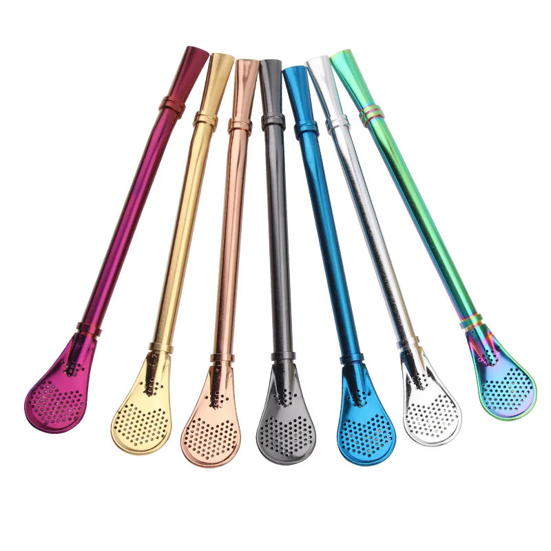 Reusable Stainless Steel Straw Spoon Filter Strainers Metal Stirrers for Yerba Mate Loose Tea Coffee