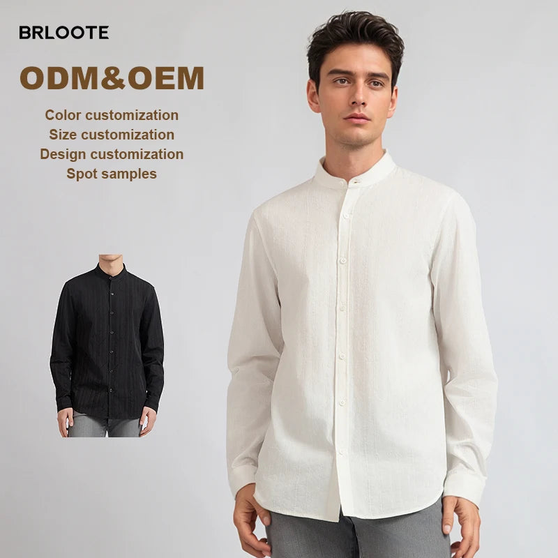 Custom Stand Collar Cotton Blend Shirt Retro Long Sleeved Breathable Blend Soft Men's Shirt for Spring and Summer