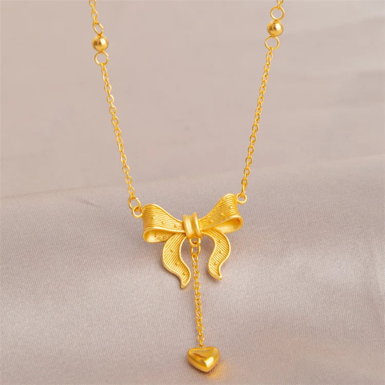 Hot Selling No Fade Trendy Stainless Steel 18k Gold Plated Design Fashion Jewelry Heart Necklace Tassel Bow Bowknot Necklace