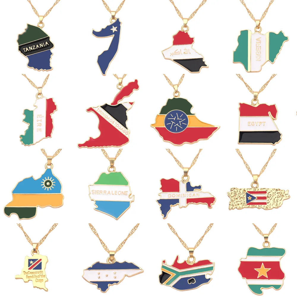 Wholesale Christian Country Map Pendant Necklace Gold Plated Alloy Link Chain World Countries