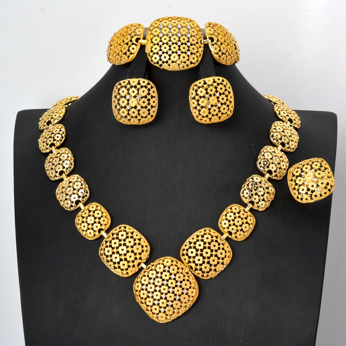 Fashion Luxury European Brazilian Cubic Zirconia Bracelet Earring Necklace 14k Gold Plated Bridal Jewelry Sets