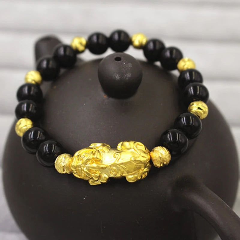 Euro Coins Gold Plated Obsidian Brave Troops Make a Fortune Transfer Beads Bracelets Men and Women Couples General Jewelry