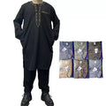 Muslim Men Clothing Islamic Thobe Pocket Embroider Solid Color Arab Design Saudi Qatar With Pants Set