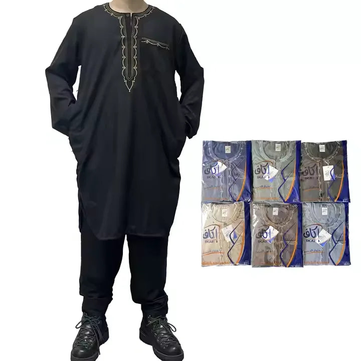 Muslim Men Clothing Islamic Thobe Pocket Embroider Solid Color Arab Design Saudi Qatar With Pants Set