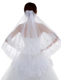 Flower Lace Edged Appliques Wedding Veil with Comb Long Cathedral Length & Sequined Tier Bride Accessories