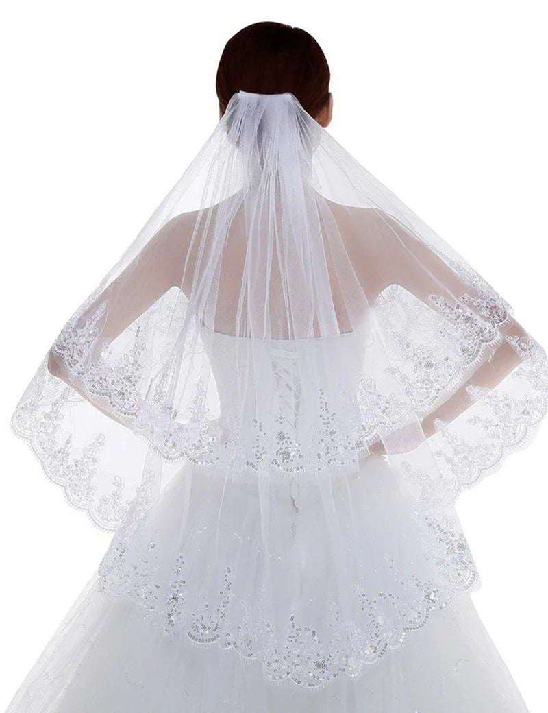 Flower Lace Edged Appliques Wedding Veil with Comb Long Cathedral Length & Sequined Tier Bride Accessories