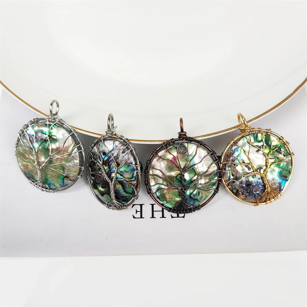 Wholesale Price Handmade Wire Wrapping Nature Shell Tree of Life Round Pendant Abalone Paua Shells Oval Charm for Boho Jewelry