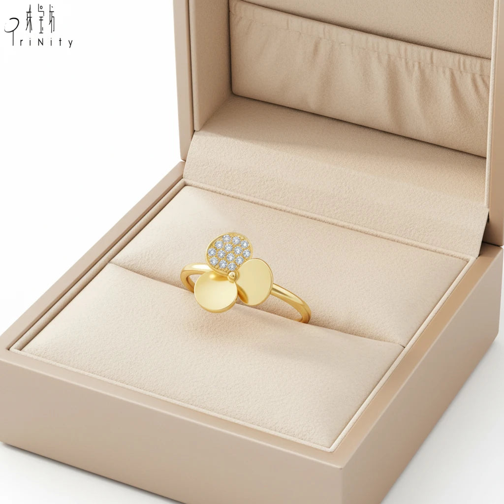 Tremendous Quality Wholesale Trendy Minimalist Lucky Clover Fine Ring Jewelry 18K Solid Yellow Gold Real Natural Diamond Ring