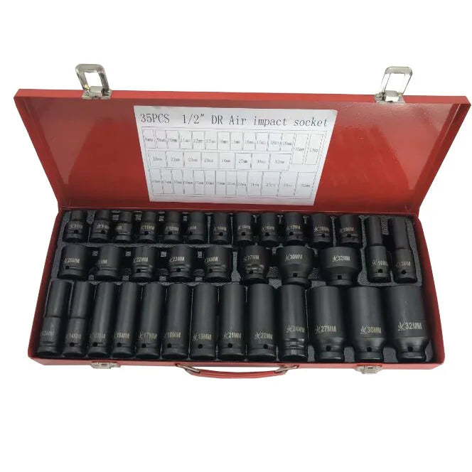 Set of 35pcs Car Repair Tool Kits 1/2" Square Head Drive Wrench Deep Impact Socket 12.5mm Jackhammer Hexagonal Socket Bits MegaBDM