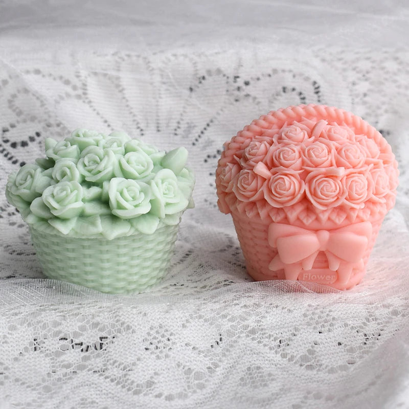 Flower Bow Basket Candle Silicone Mold 3D Rose Soap Wax Cake Mold Plaster Ornaments Valentine's Day Wedding Gift