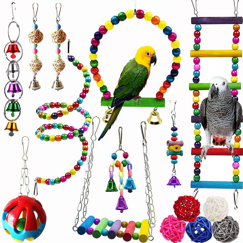 Wildi Manufacturer Direct Eco-Friendly Wood Ladder Takraw Ball Ring Popular Bird Chew Toy Set Model A174 for