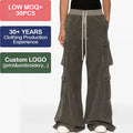 Men's Casual Wide-Leg Corduroy Cargo Pants High Waist Baggy Flared Sweat Pants Contrast Drawstring Multi-Pockets Patchwork